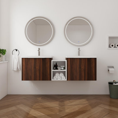 Meuble-lavabo double 60 po avec plateau en résine Svana, meuble-lavabo mural 4 portes et 1 tablette réglable