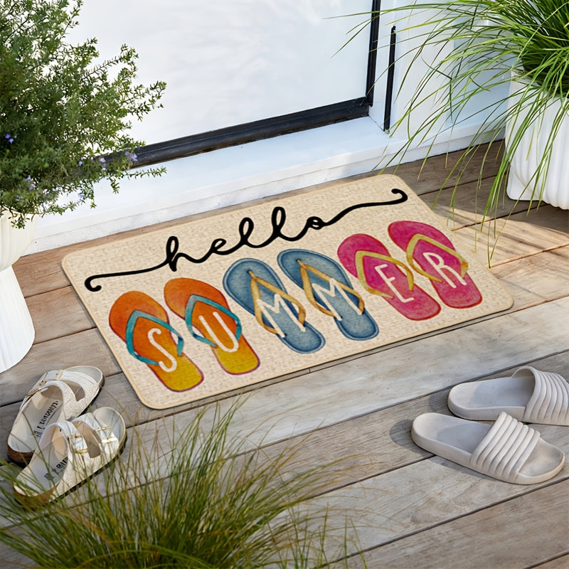 Tapis d'entrée « Bonjour l'été » pour intérieur et extérieur, motif tongs, antidérapant, en caoutchouc, idéal pour la décoration de sol de votre entrée de cuisine ou de cuisine (43 x 91 cm).