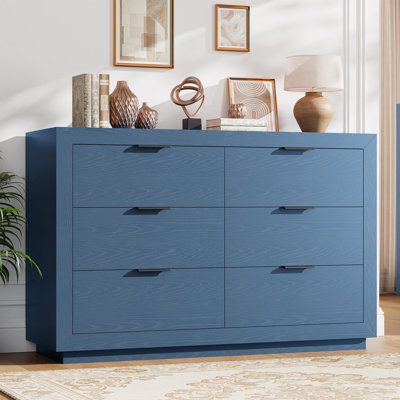 6-Drawer Tall Dresser for Bedroom, 31.5" Natural Wood Chest Metal Handles & Anti-Tip Kit, Blue