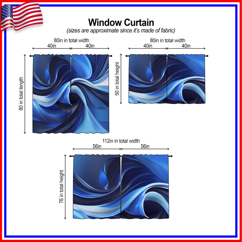 Rideaux obscurcissants bleus abstraits et transparents - 2 panneaux, 40in x 82in - 2 panels, Sheer