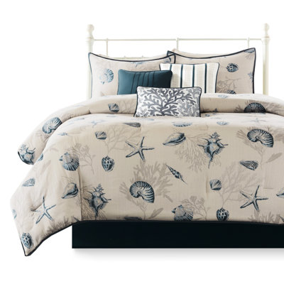 King Comforter Blue - 200Tc Cotton With Assorted Shell Design 7 Piece Bedding Print Dark Backing