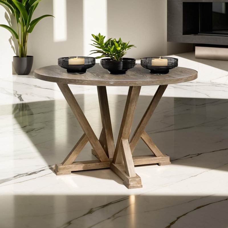 Table de salle à manger ronde en bois d'hévéa massif patiné