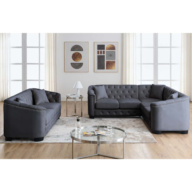 Canapé d'angle 3 places Divon, Velours gris