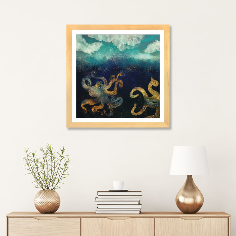 Underwater Dream II - impression d'art graphique, Papier avec cadre beige, Blanc, H 24 po x l 24 po x p 1 po