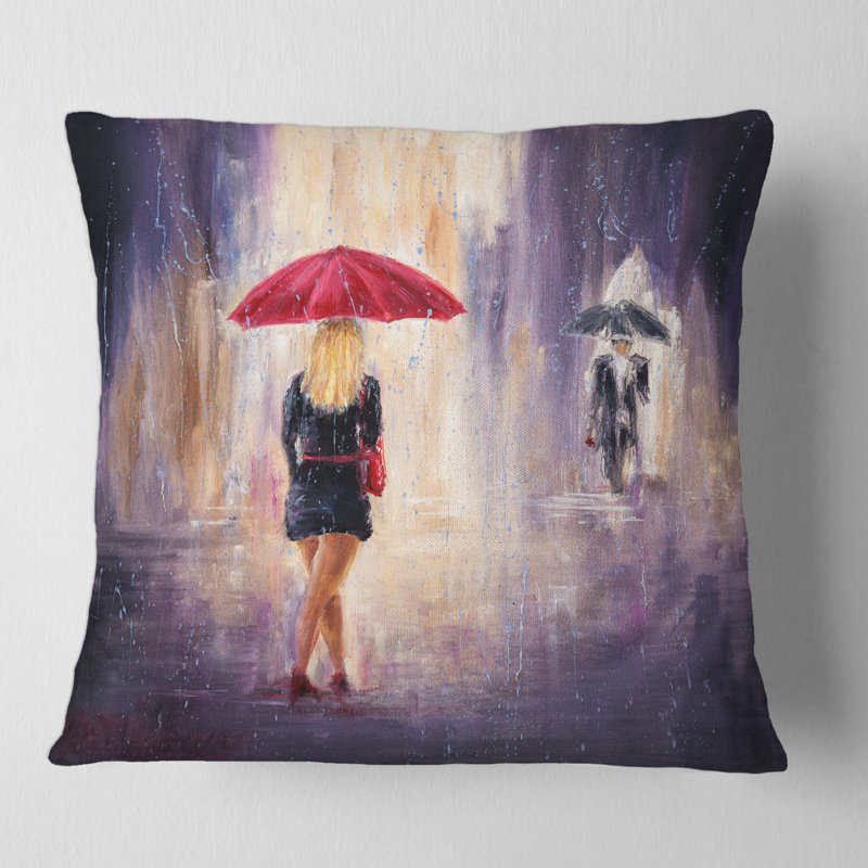 La housse de coussin carré The Woman with the Umbrella Walking in the Rain II, 16" x 16"