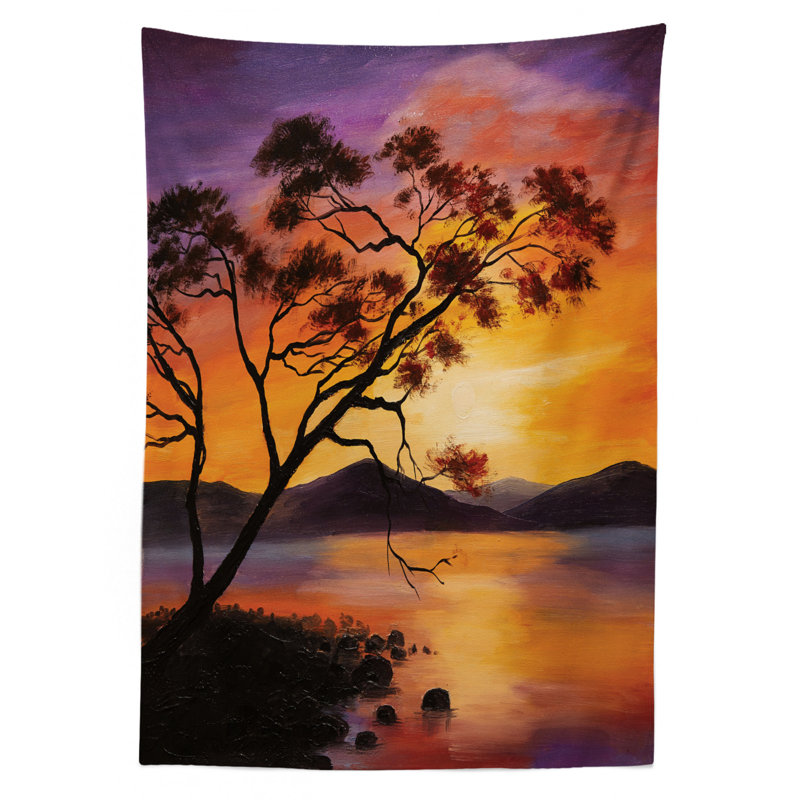 Ambesonne Country Tablecloth, Picture Of Old Tree Bending Over River With Mountain Landscape At Sunset, Rectangular Table Cover For Dining Room Kitchen Decor, 52" X 70", Burnt Orange Purple