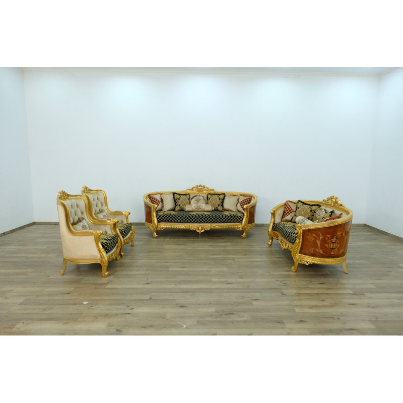 3 Piece Luxor Ii Sofa Set Black Gold Fabric, Black/Gold