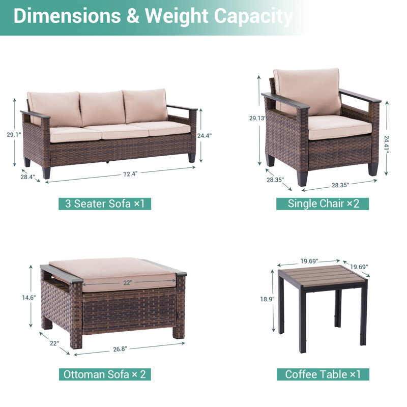 6 Piece Wicker Patio Sofa Set with Ottoman and Square Table, Sand
