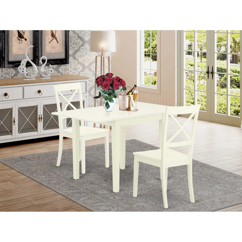 Ensemble de coin repas 3 pièces pour petits espaces comprenant une table de salle à manger rectangulaire avec Dropleaf et 2 chaises de cuisine, lin blanc