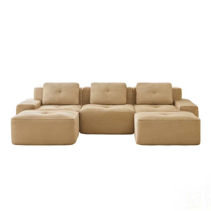 Canapé modulaire moderne en forme de U, tissu velours côtelé, assise profonde, repose-pieds mobile, passepoil perlé, conception capitonnée, sans assemblage, antidérapant