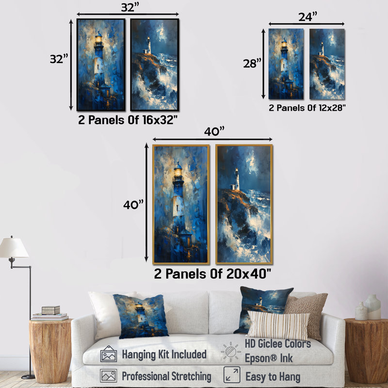 Ensemble de 2 pièces d'art mural phare bleu, H 32 po x l 32 po, Ne s’applique pas, Toile tendue sur cadre