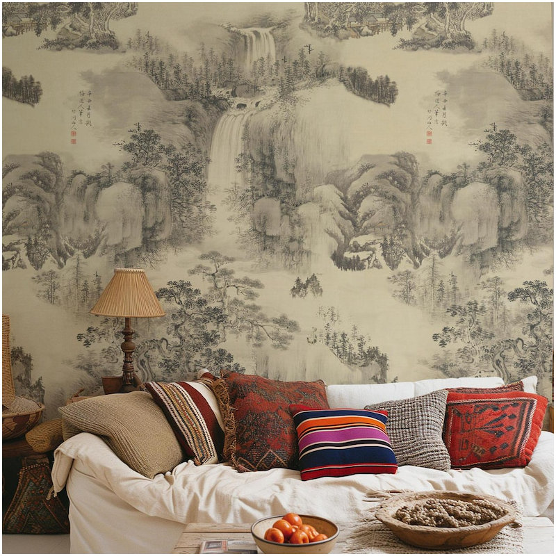 Beige Chinese Landscape Oriental Wallpaper