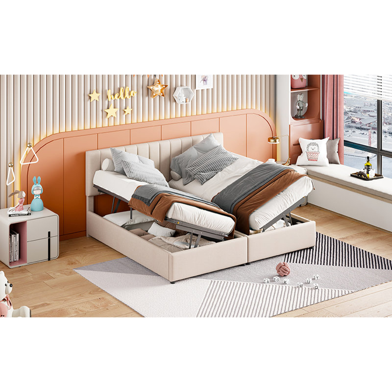 Lit plateforme tapissier très grand avec rangement et unité hydraulique beige doux