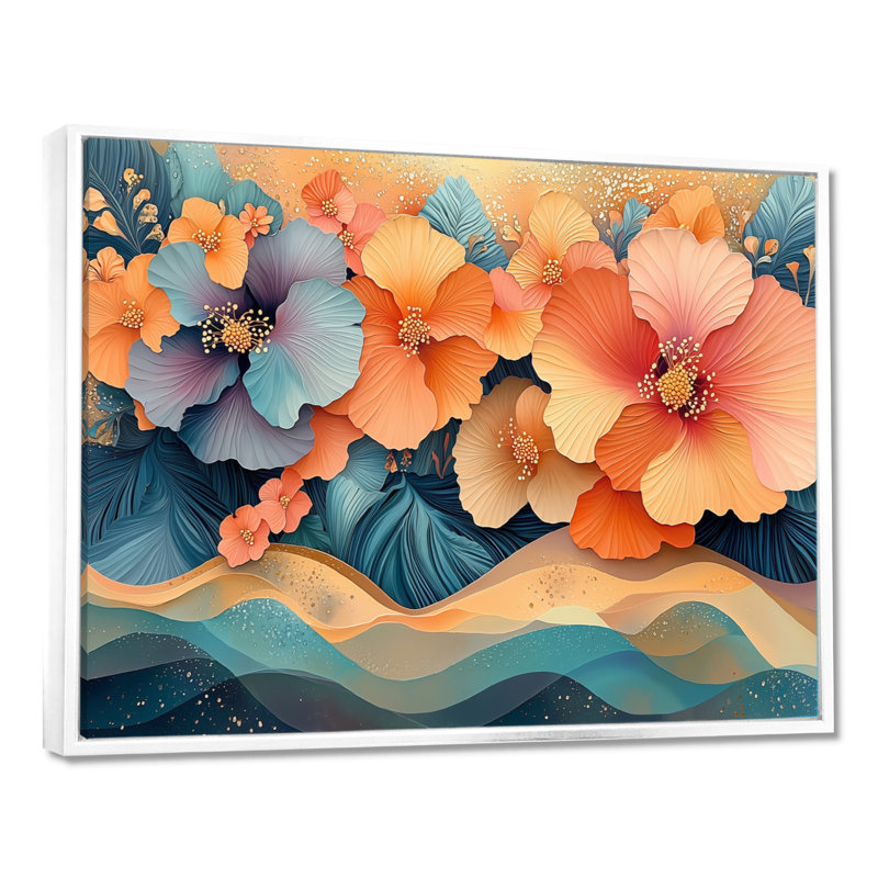 Hibisuc tropical dans une symphonie côtière I - Hibiscus, art mural, H 12 po x l 20 po, Floater Framed, Blanc