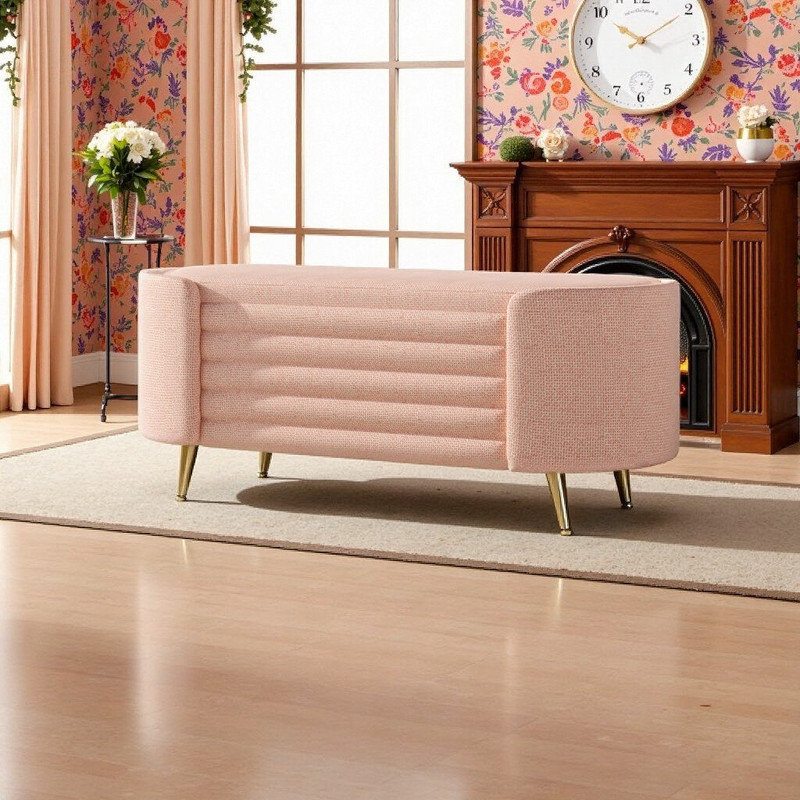 Upholstered Storage Ottoman With Chenille Fabric And Metal Legs, Pink