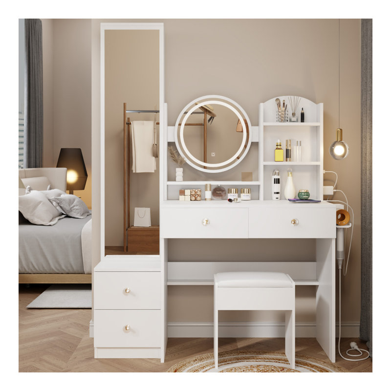 Armoire à miroir pleine grandeur + coiffeuse à miroir rond à DEL + tabouret rembourré, avec 2 centrales électriques + 2 centrales USB, miroir à DEL de 17 po de diamètre, commande tactile, 3 couleurs, luminosité réglable, grand bureau