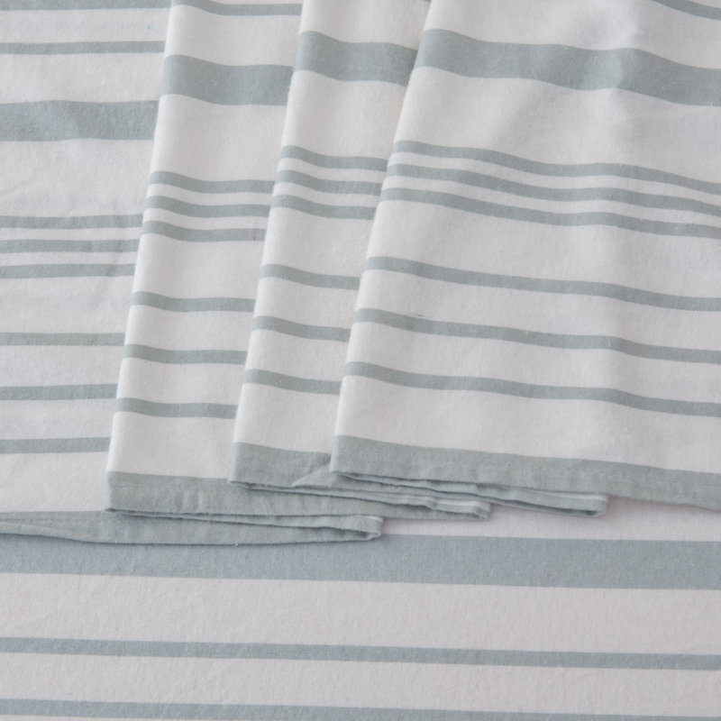 100% Cotton Heavy Flannel Sheet Set, King Sheet Set with 2 Pillowcases, Soft Blue Striped 