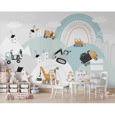 Construction Vehicles Kids Wallpaper Mural – Excavator Truck Builder City Cartoon Nursery Wall Decor