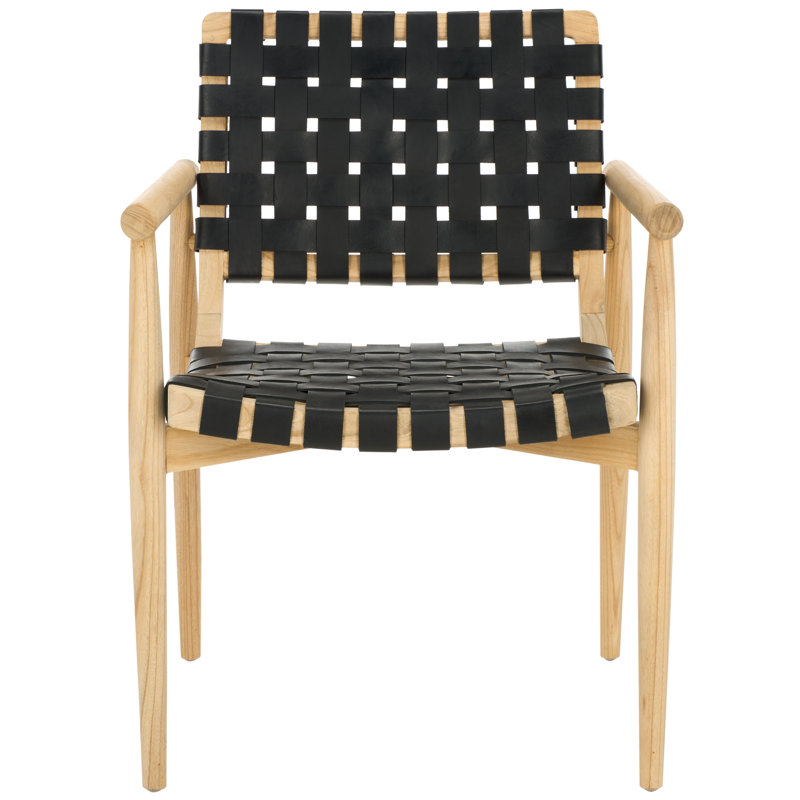 Keili Upholstered Armchair, Black Genuine Leather, Natural Sungkai Wood