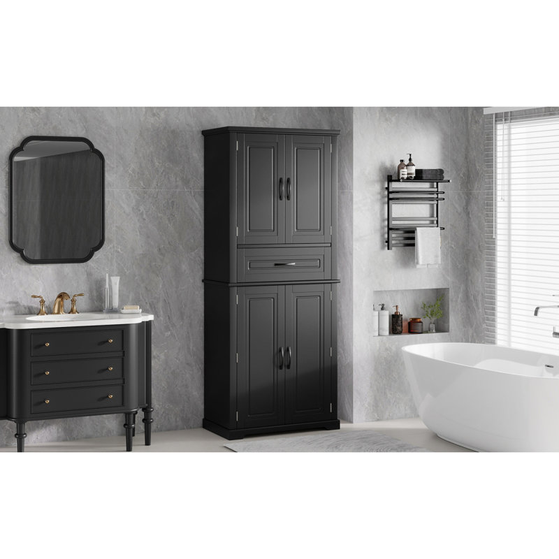 [Video] Bathroom Storage Cabinet With Multi-Functional Storage Space, Drawer With Slide Rails, Adjustable Shelf, Black, Black