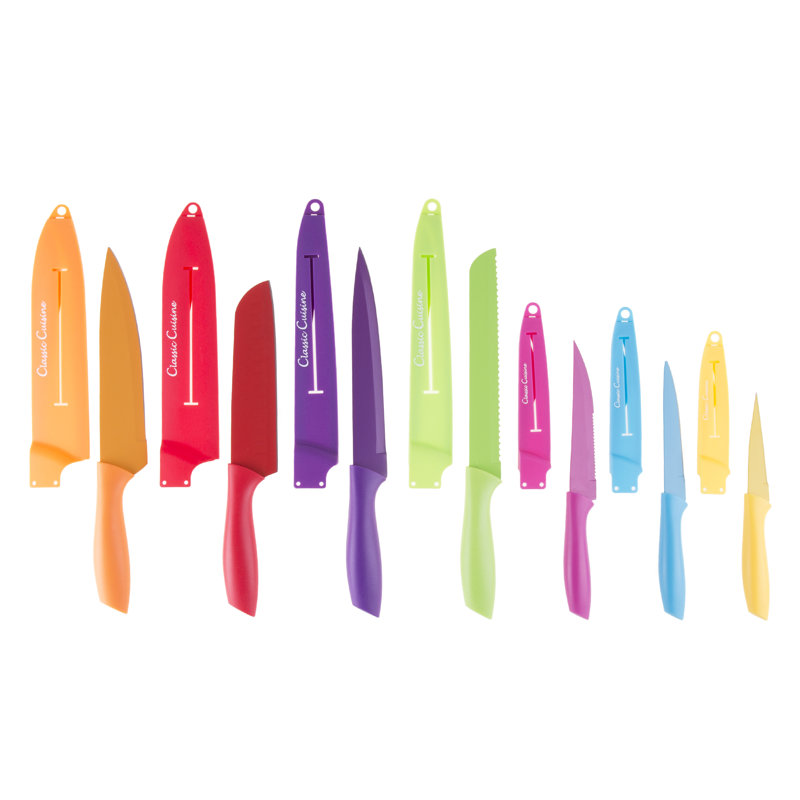 Knife Set - Colorful 14-Piece Stainless-Steel Cutting Knives with Sheaths Set - New Home Essentials by Classic Cuisine