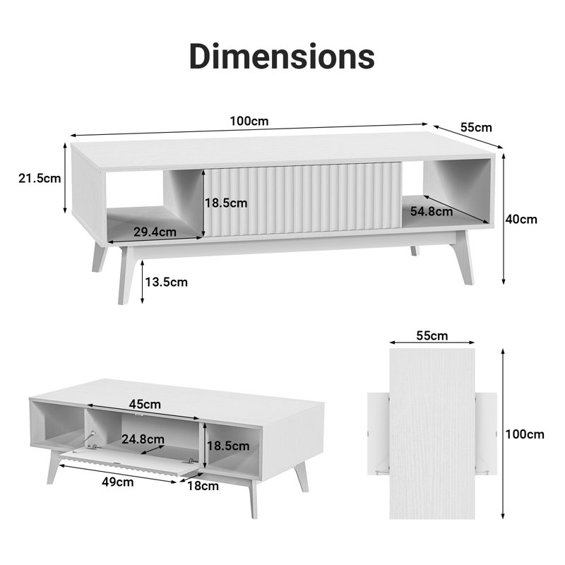 39" Modern Fluted Lift-Top Coffee Table with Storage, White