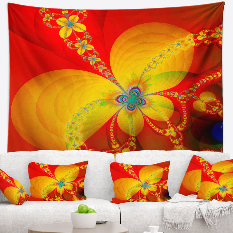 Tapisserie à motif fractal jaune couleur rouge floral, H 32 po x l 39 po
