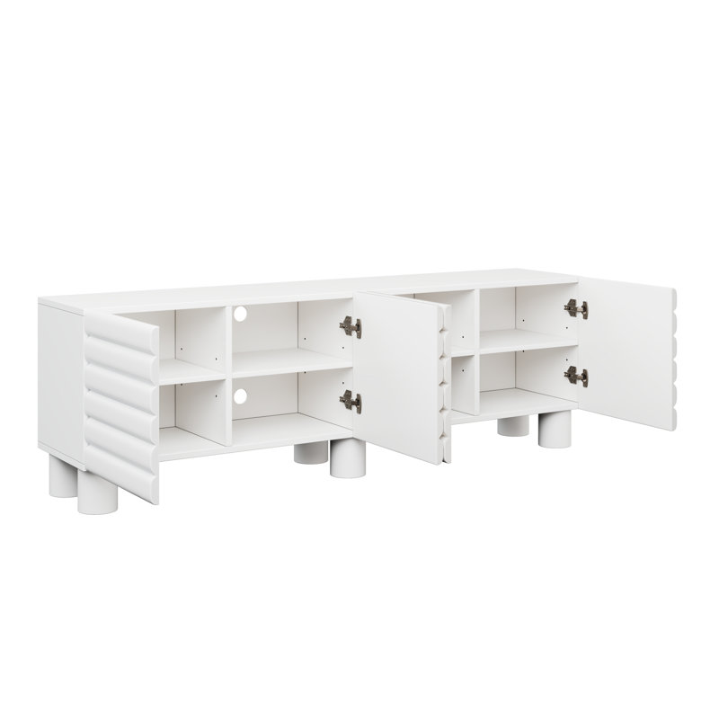 Stylish Thick Wavy Door TV Cabinet With Adjustable Shelves, Cream Style TV Stand With 4 Cabinets For Tvs Up To 75", Solid Media Console With Cylindrical Legs And Cable Holes For Living Room