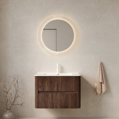 Meuble-lavabo de salle de bain 30 po NOOR avec lavabo, armoire de rangement murale en contreplaqué flottant avec 2 tiroirs, lavabo en céramique blanche, robinet NO préassemblé, couleur grain de bois rétro noyer