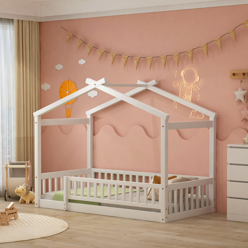Wood Bed House Bed Frame With Fence, Twin, White