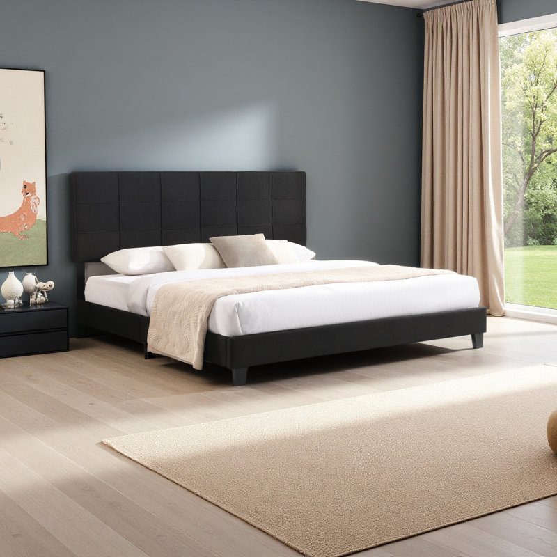 Très grande base de lit tapissier avec tête de lit en tissu de lin, aucun sommier requis, support à lattes de bois, assemblage facile