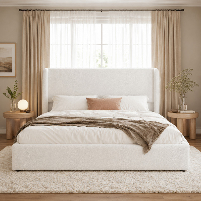 Lit plateforme tapissier Boucle avec tête de lit et support en lattes de bois, King