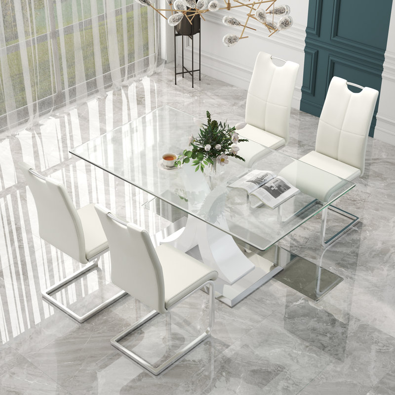 Ensemble de salle à manger moderne à piédestal rectangulaire en verre trempé avec chaise en similicuir, 5, Blanc, Blanc