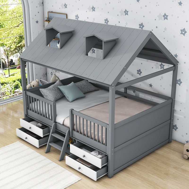 Lit mezzanine en bois avec 4 tiroirs et toit Milinocket, Double, gris