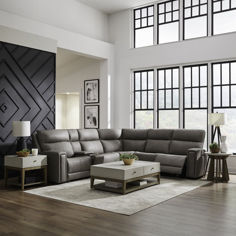 6 Piece Zero Wall Reclining Power Sectional, Gray Leather