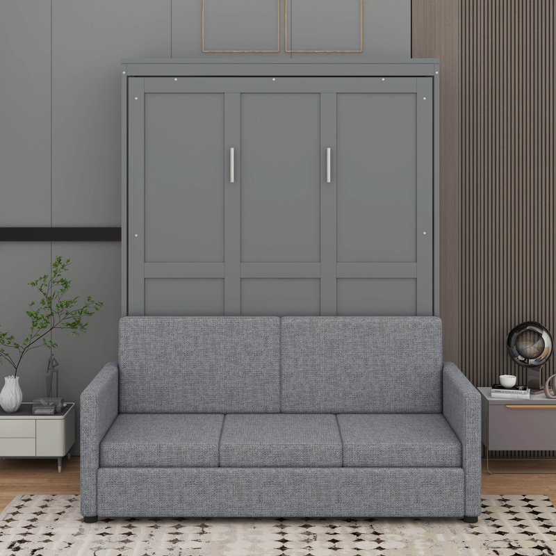 Full Size Murphy Bed With Cushion, Gray