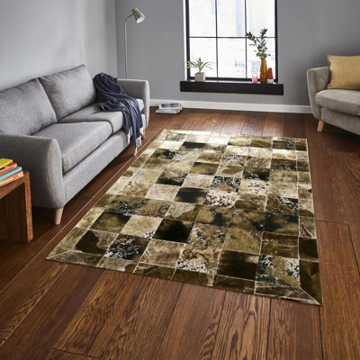 Tapis en peau de vache véritable avec patchwork de feuille d'or 9,5 x 13,5 pi