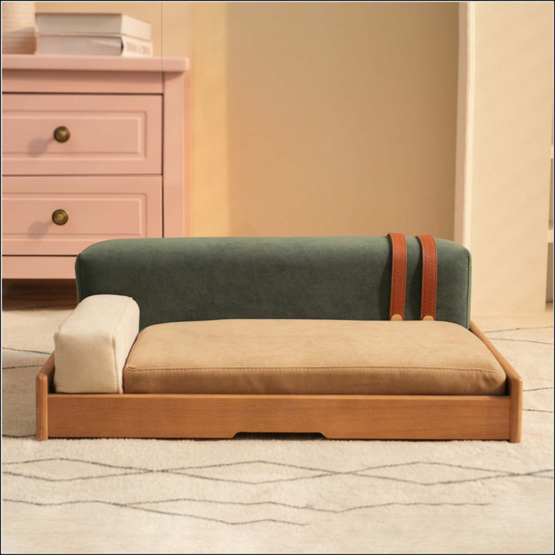 Lit pour animaux de compagnie moderne en bois avec placage pour chats et chiens, tissu résistant aux rayures, coussin amovible