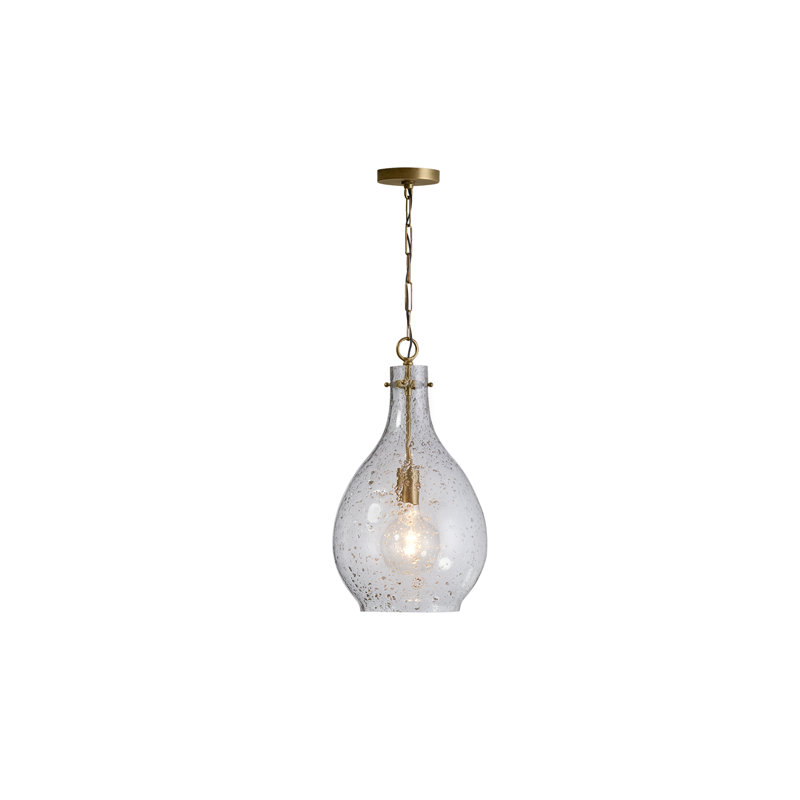 1 - Light Single Pendant, Patinated Brass, Seeded Stone