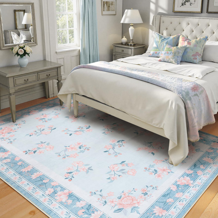 Kaldi Boho Washable Area Rug Non-Slip Ultra-Thin Mat for Room Non-Shedding Floral Carpet