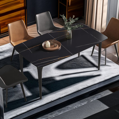 Eniel Rectangular Oval Sintered Stone Kitchen Dining Table With 4 Metal Legs by Ivy Bronx