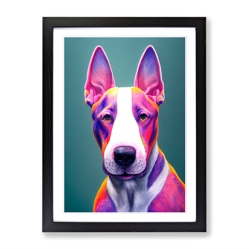 Neetu English Bull Terrier Neon - Picture Frame Print, 46cm H x 34cm W x 2cm D, Black