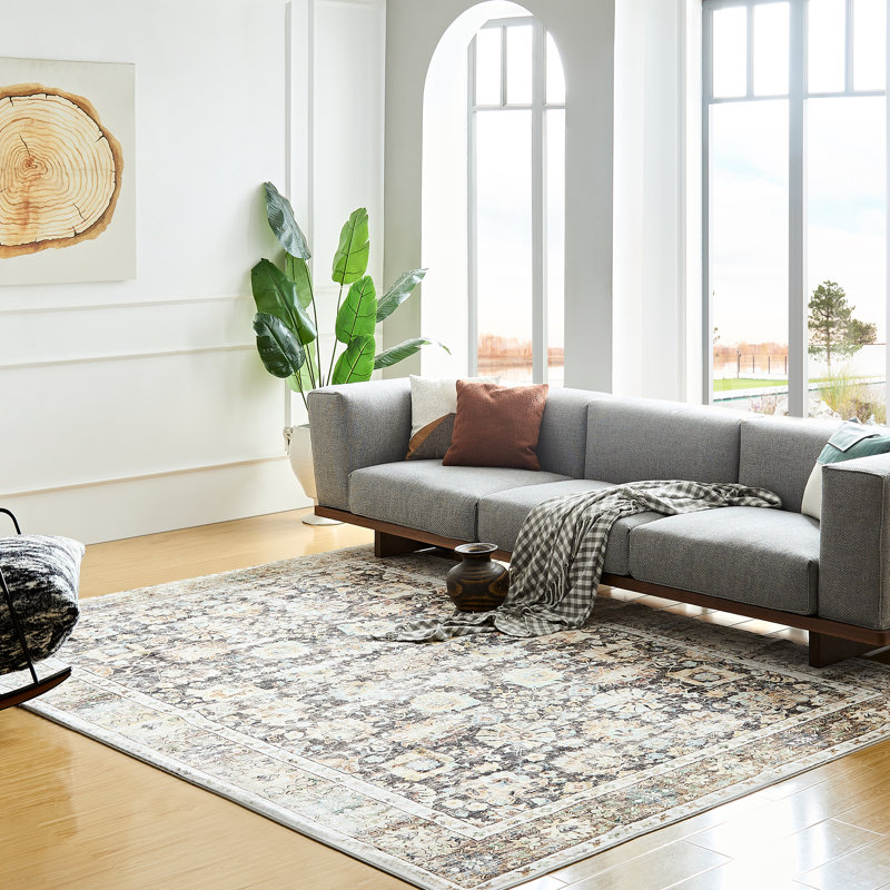 Tapis oriental rectangulaire en polyester lavable à la machine brun / gris Thornell, Rectangle 6 pi 7 po x 9 pi