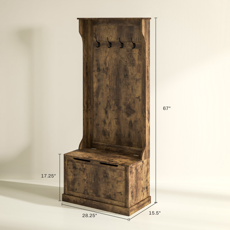 Arbre d'entrée avec portemanteau, banc de rangement et assise, brun rustique, H 67 po x l 28,25 po x P 15,5 po, Brun rustique