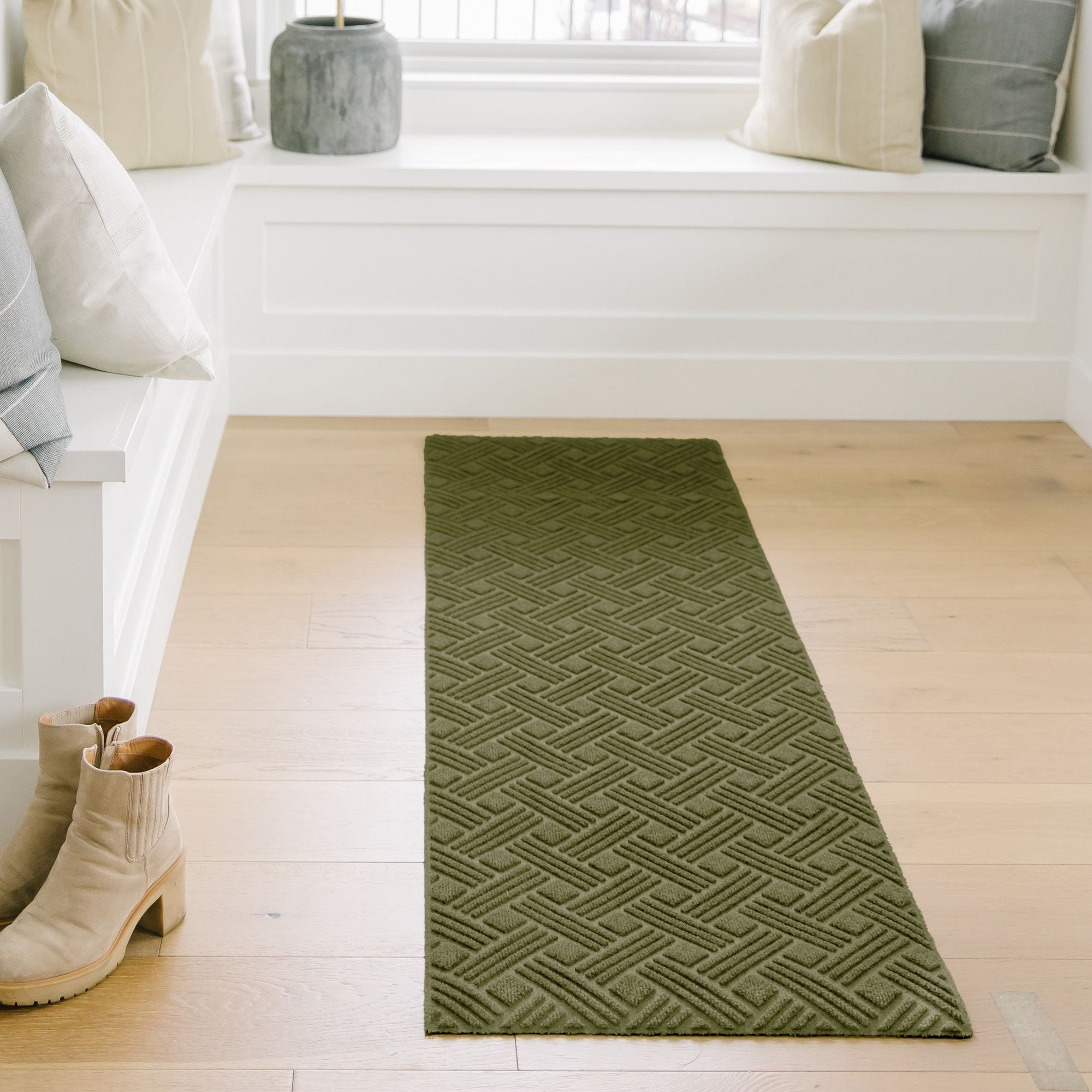 WaterHog Luxe Classic Thatch Non-Slip Indoor Outdoor Door Mat, Olive, 21.5" W x 70" L
