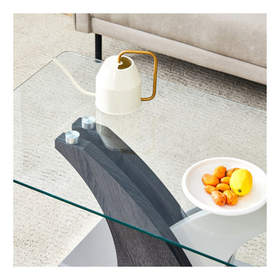 Table basse rectangulaire. Comptoir en verre trempé et pieds en panneau de fibres à densité moyenne artistiques, parfaits pour accueillir des dîners, des conférences, des décorations de maison et de bureau. BLANC ET GRIS, table de salle à manger, t