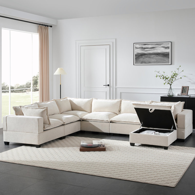 Canapé modulaire rembourré en U avec siège et rangement 7 places, Beige Chenille