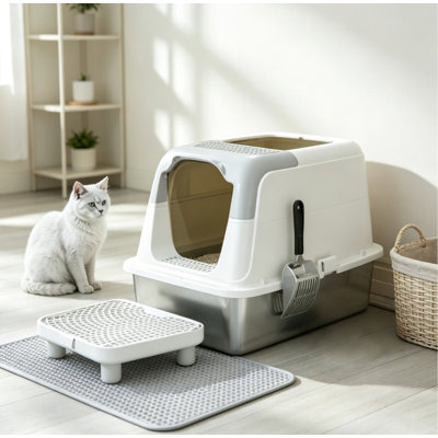 Bac à litière pour chat en acier inoxydable avec couvercle, pédale, sac désodorisant et pelle inclus, anti-rayures et facile à nettoyer.