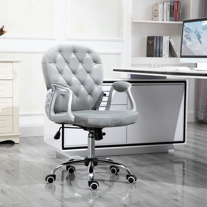 Chaise de bureau confortable en velours gris, bouton, hauteur réglable, fonction pivotante, rembourrage de travail, mouvement du siège