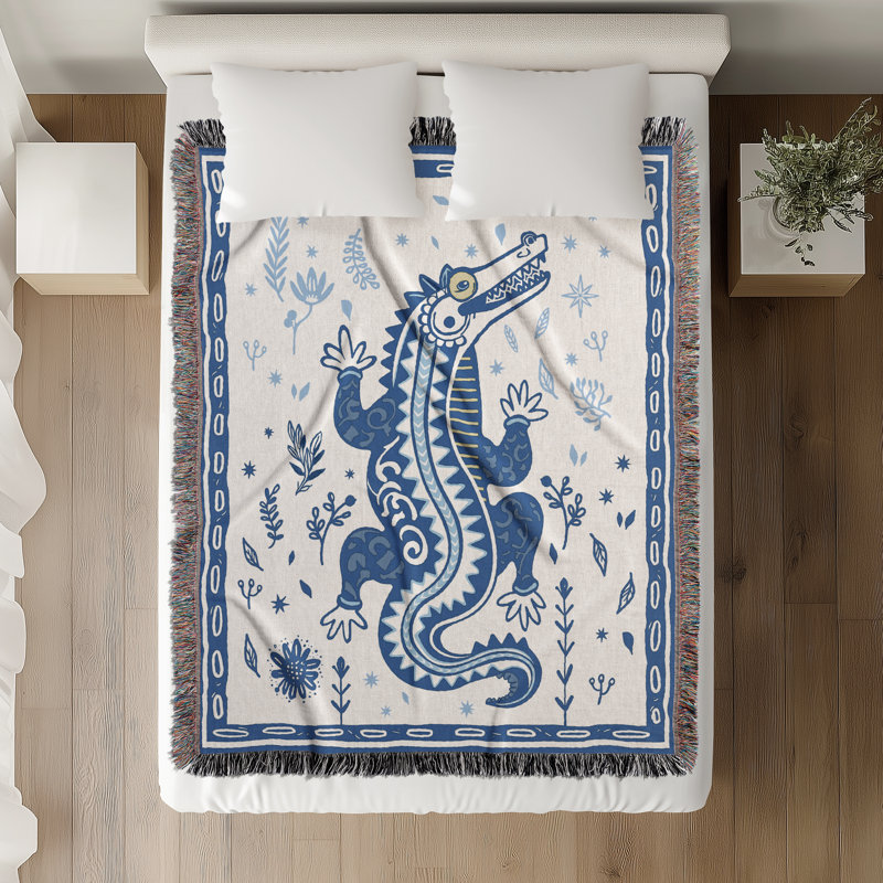 Jeté en mélange de coton Amiro Crocodile, L 70 po x l 50 po, Bleu / Blanc cassé